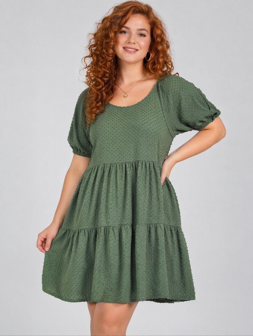 J. CREW Size XL Olive Green Clip-Dot Short Sleeve Tiered Babydoll Dress NWT